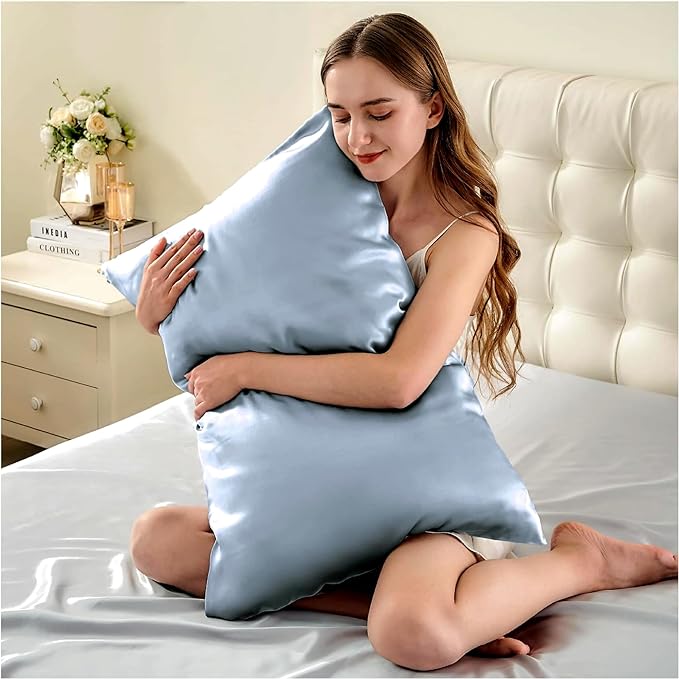 100% Mulberry Silk Pillowcase for Hair and Skin Made in USA, Real 22 Momme Silk Pillow Cases Queen, Not Satin Pillowcase, Anti Acne,Zipper Closure, 1 Pc 20"x30" (Queen, Blue Grey)