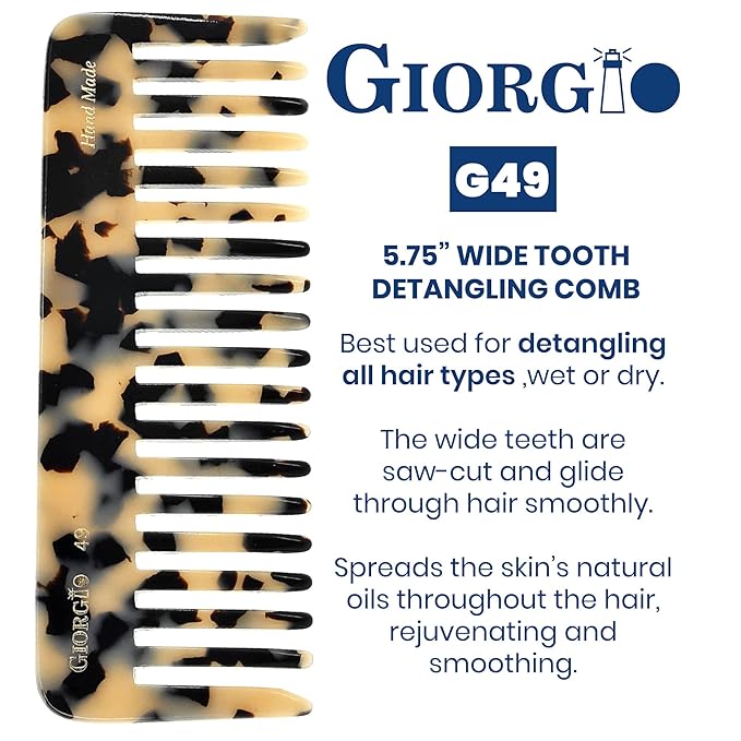 Giorgio G49 White Tokyo Wide Tooth Detangler Comb for Thick Curly Wavy Hair, Wet or Dry. Handmade Quality Cellulose, Saw-Cut, Hand Polished