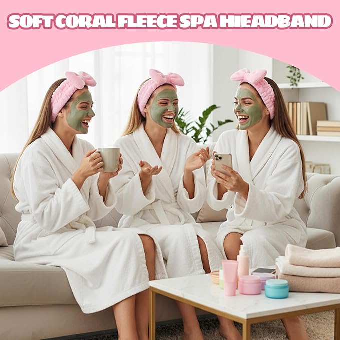 25 Pcs Pink Spa Headband Bulk, Elastic Makeup Headbands for Women, Soft Coral Fleece Hair Band for Washing Face, Cute Bow Hair Bands for Face Washing Shower Skin Care Yoga
