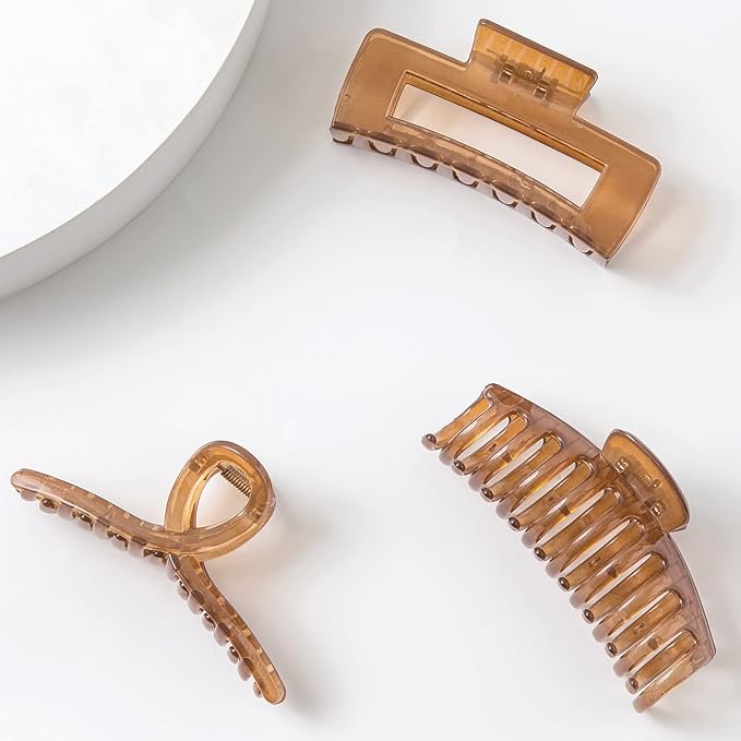 Clear Brown Hair Claw Clips for Thick/Fine/Thin Hair,Strong holding teeth interlocking Women Jaw Clips for Hair 3 Count In set (Candy Coffee)