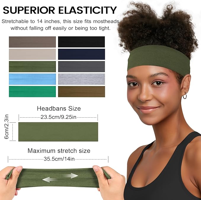 10 PCS Headbands for Women - Fashion Non Slip Cotton Headbands for Women and Men Perfect for Sports and Outdoor Activities in Summer,Including Running, Yoga, Cycling, Gym Workouts