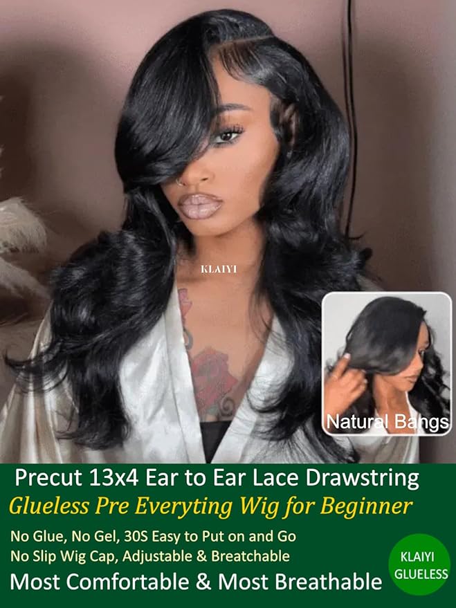 KLAIYI Loose Body Wave Pre Everything Glueless 13x4Lace Front Wig Human Hair Drawstring Precut Lace Pre Plucked Bleached Bye Bye Knots 3S Ready to Wear and Go Wig with Face Framing Curtain Bang 22Inch