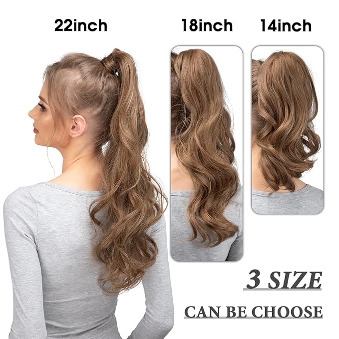 CJL HAIR 18" Long Ponytail Hair Extension Wrap Around Pony Tail Clip in Curly Wavy Synthetic Fake Hairpiece for Women Light Honet Blonde
