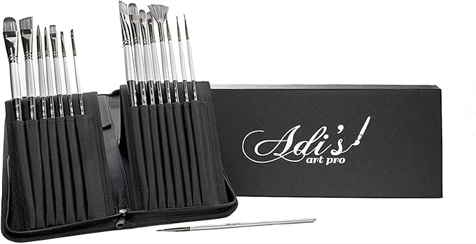 ADIS&Guys 15-Piece Art Paint Brush Set – Professional Brush Kit for Acrylic, Oil, Watercolor, Gouache, Face and Body – Includes Angle, Filbert, Flat, Fan & Round Brushes with Travel Case