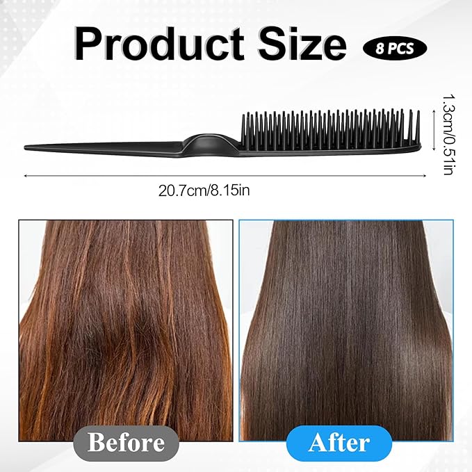 8PCS 3 Row Rat Tail Comb, Travel Size Styling Comb for Natural Detangling Curly Hair, Rat-tail Teasing Brush for Combing, Styling, and Sectioning, Unisex