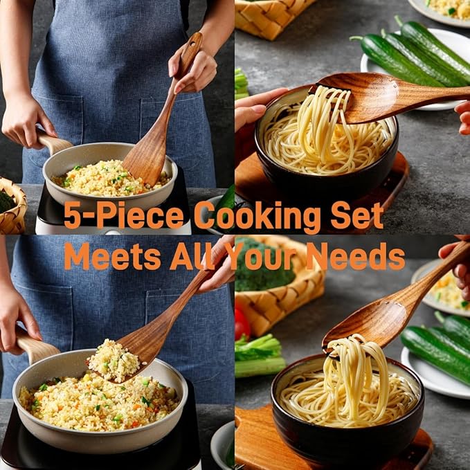 6 PCS Wooden Spoons for Cooking - Teak Wooden Cooking Utensils Set with Holder - Non-Stick, Soft Grip, Ergonomic Design - Natural Finish