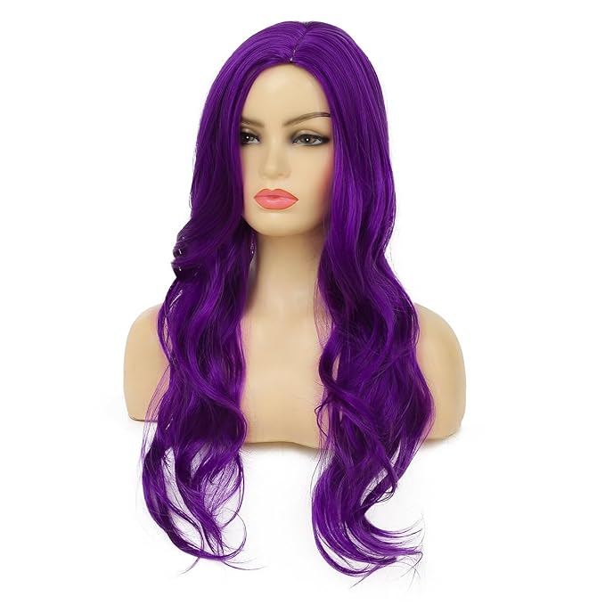 Baruisi Long Curly Wavy Purple Wigs for Women Side Part Natural Looking Cosplay Synthetic Heat Resistant Replacement Wig
