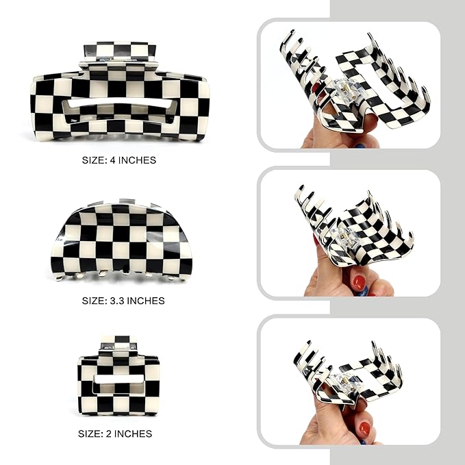 3 PCS Checkered Hair Claw Clips for Thick and Thin Hair Large Hair Clips Square Y2K Hair Checker Barrettes Black And White Checkered Jaw Clip Non Slip Checkerboard Clamps Hair Accessories for Women