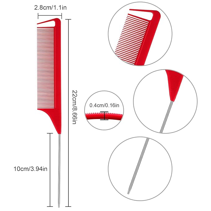 Patelai 30 Pieces Rat Tail Combs Bulk, Hair Teasing Fine Tooth Pintail Combs Braiding Hair Styling Tools with Steel Pin for Stylists Salon Teasing Sectioning Coloring Detangling(Red)