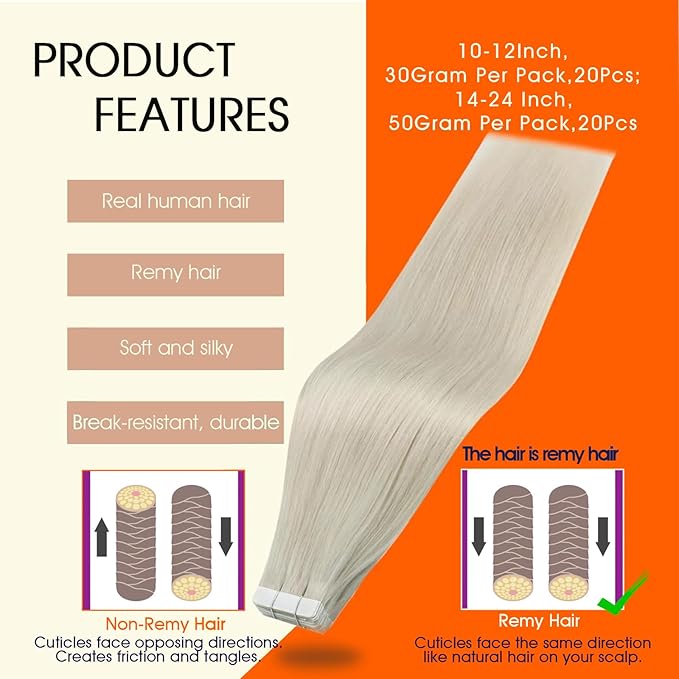 Full Shine Tape in Hair Extensions Straight Remy Tape ins Human Hair Extensions White Blonde Natural Seamless Extension 12Inch 30G 20Pcs Add Volume for Natural Look