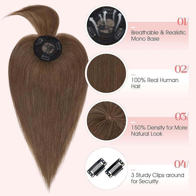 Hairro Mono Hair Toppers with Bangs, 3.4" x 3.4" Mono Base 100% Real Human Hairpieces for Women, 150% Density Clips In Topper for Greyish Thinning Hair, 12 Inch Medium Brown