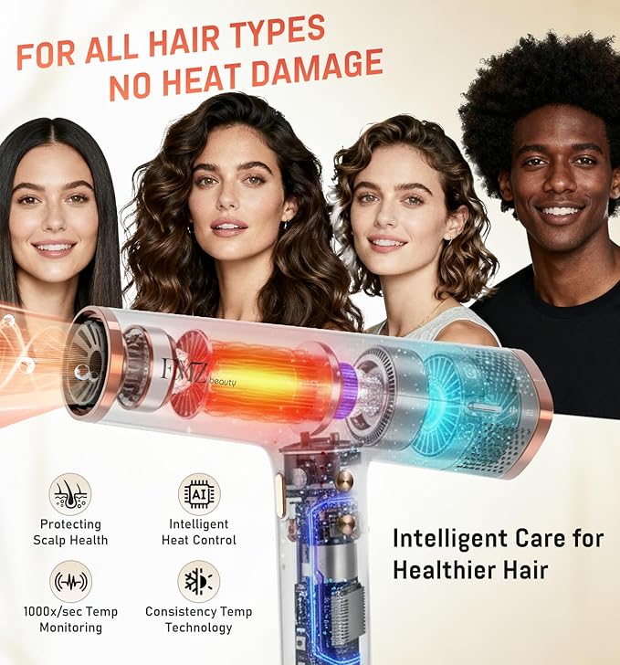 FMZ Professional Ionic Hair Blow Dryer with Diffuser, 1875W High Speed 110000RPM BLDC Motor for Fast Dryring, Portable Mini Lightweight and Quiet, Curly Hair Dryer for Women Men Home Salon Travel Gift
