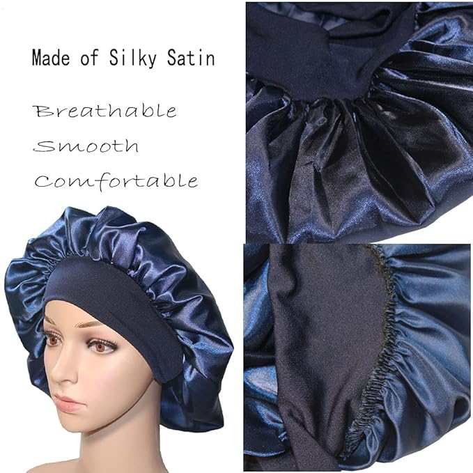 VEYRNEIC Hair Satin Bonnet for Sleeping Shower Caps Silk Chemo Caps with Wide Elastic Band Night Sleep Cap Bonnets for Black Women Braids with Satin Storage Bag(Navy Blue)