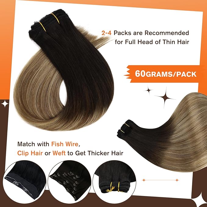 Full Shine Balayage Clip in Hair Extensions 12 Inch Hair Extensions Clip in Balayage Off Black Fading to Brown with Medium Blonde Remy Hair for Short Hair 3 PCS 60 Grams