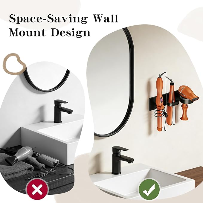 3 in 1 Wall Mounted Hair Dryer Holder, Metal Hair Dryer Stand with Organizer for Curling Iron & Styling Tools, Punch-Free & Punchable Bathroom Storage Rack