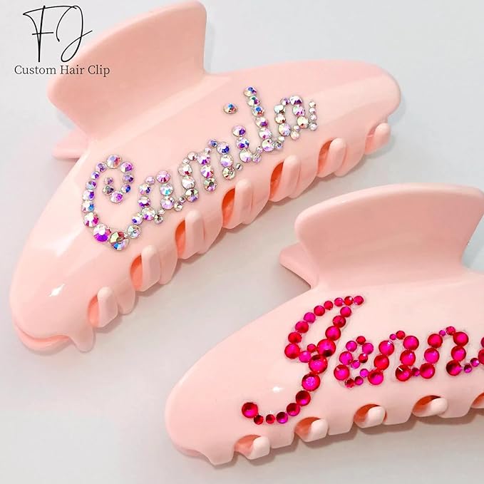 Personalized Colorful Name Hair Claw Clips for Women,Custom Hair Clips with Diamond,Cute Hair Accessories 4",Handmade Rhinestones Hair Clamp Gifts for Mom,Bride,Wife,Bridesmaid（Baby Pink）