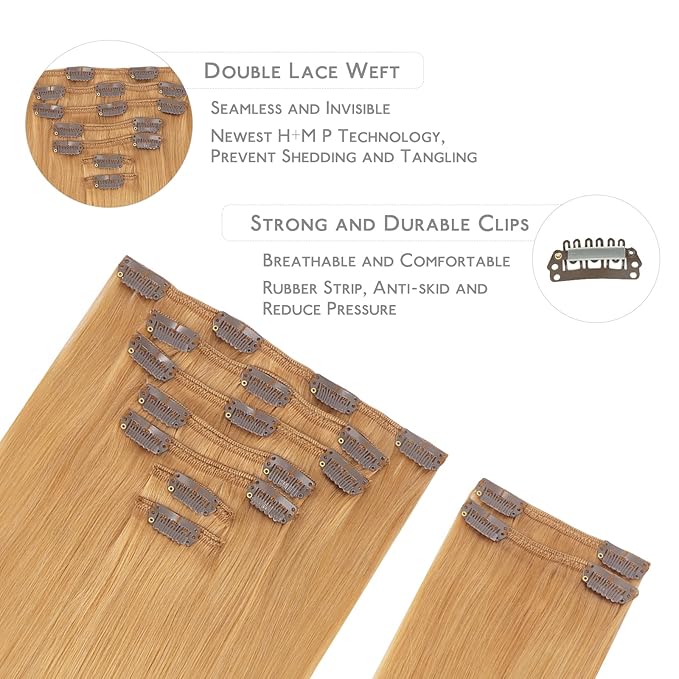 WENNALIFE Human Hair Clip In Extensions, 18 Inch 150g 9pcs, Strawberry Blonde Remy Hair Extensions, Real Hair Coloured