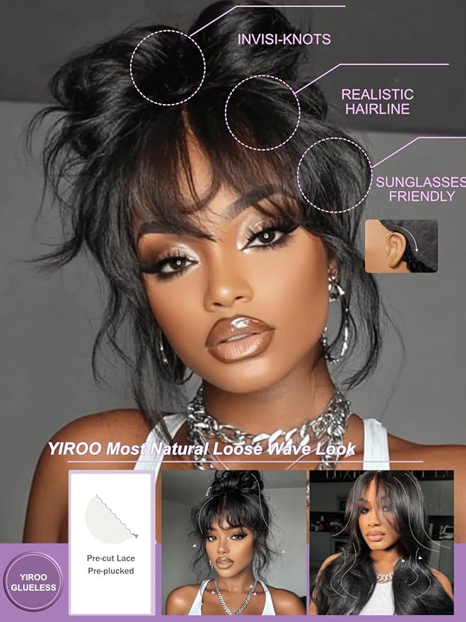 YIROO Pre Everything 13X4 HD Lace Front Real Scalp Glueless Wig Human Hair Wigs Loose Body Wave with Face Framing Curtain Bangs Pre Plucked Pre Cut Lace Pre Bleached Knots Wig Bye Bye Knots 20Inch
