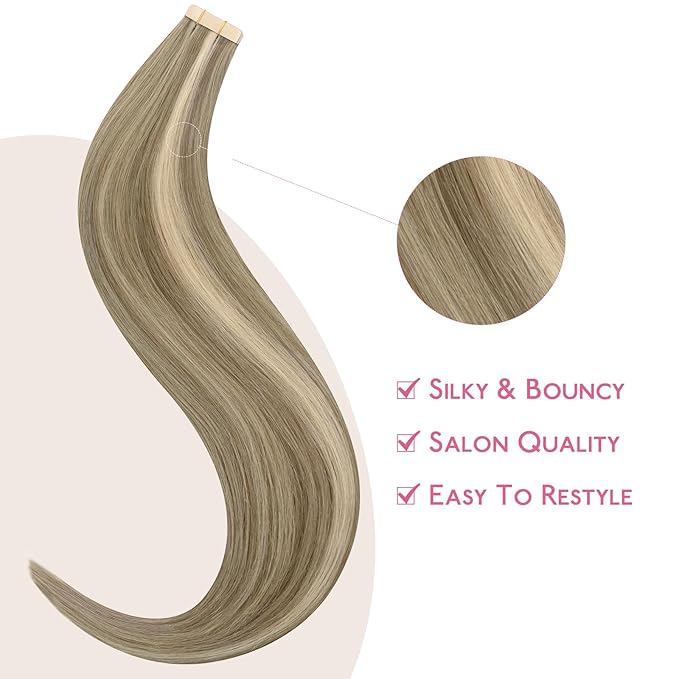 WENNALIFE Tape in Hair Extensions Human Hair Ash Brown with Platinum Blonde Highlights, 10pcs 30g 26 inch Remy Hair Invisible Tape Ins Straight Colored Soft Refill Set