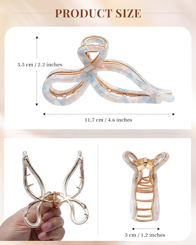 ACECHA 2 Pack Gold Metal Bow Hair Claw Clips for Women, 4.5" Colorful Non-slip Hairclips for Thick Thin Hair Claws Strong Hold Styling (Pink & Blue Floral)