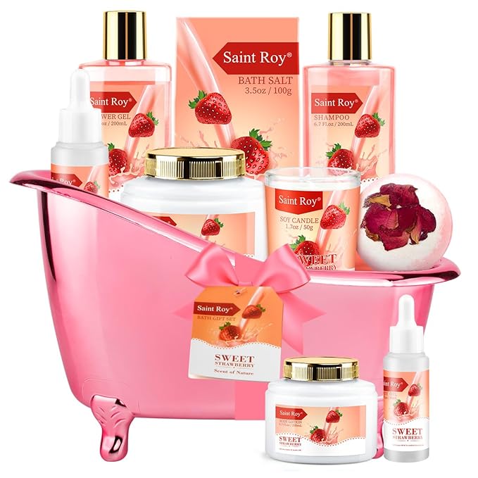 Spa Kit for Women, Bath & Body Gift Set, Luxury Home Spa Bath Gift Basket, Strawberry Scented Bath Set Christmas Gifts for Women, Pamper Gifts for Girls & Teens, Birthday Gift, Bath Self Care Gift