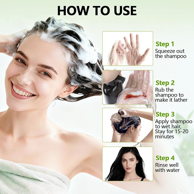 Black Hair Dye Shampoo for Women & Men, 15 Min Gray Coverage, 3 in 1 Semi-Permanent Color with Natural Herbal Ingredients