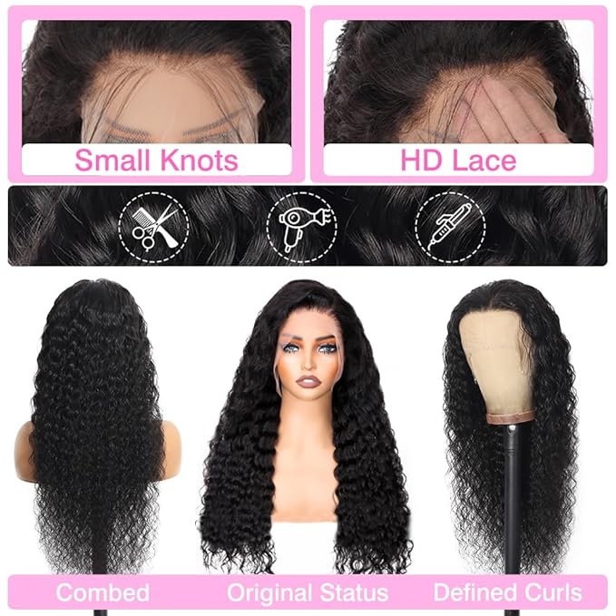 BVLBVL 34 inch Deep Wave Lace Front Wigs Human Hair 180 Density 13x6 HD Lace Frontal Wig Curly Wig Pre Plucked Wet and Wavy,Real Human Hair No Synthetic Blend No Tangle No Shedding Triple Lifespan 3X