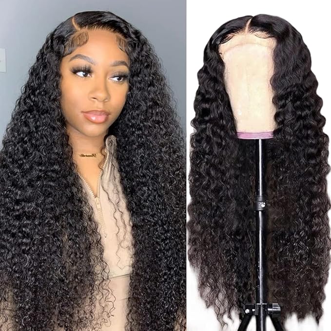 Water Wave Lace Front Wigs Human Hair Brazilian 180% Density Virgin Hair 4X4 Deep Curly Lace Closure Wigs for Black Women Pre Plucked with Baby Hair Natural Color (28 Inch,Water Lace Closure Wigs)