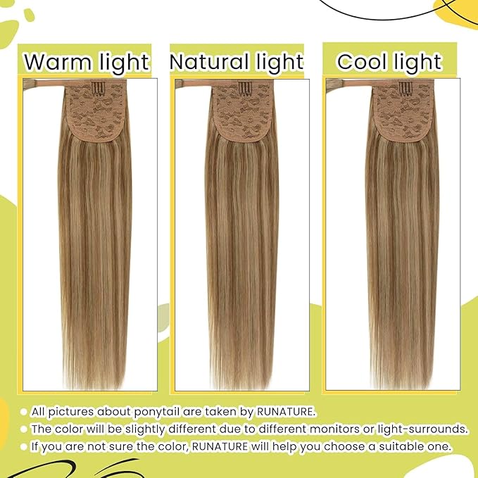 RUNATURE Human Hair Ponytail Extension Blonde Ponytail Hair Extension Dark Blonde Highlight Caramel Blond Short Ponytail Human Hair Extensions Straight Pony Tails Hair Extension 12 Inch 70g