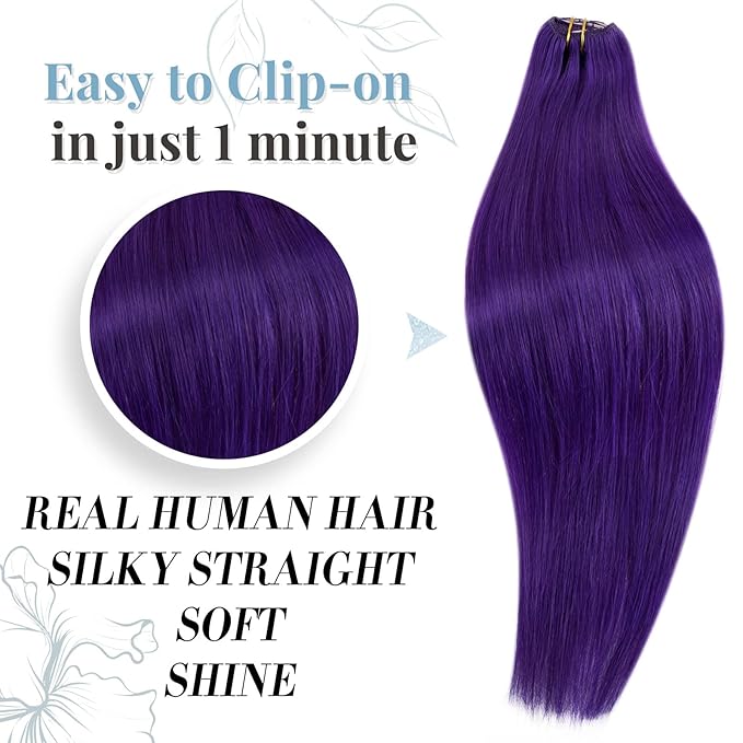 RUNATURE Purple Hair Extensions Clip in Real Human Hair, Full Head Clip in Extensions for Long Hair, Remy Natural Hair Colored Extensions for Women, 22 Inch 70g 5pcs