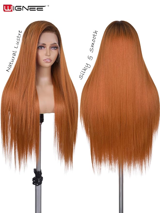 WIGNEE 13x6 Synthetic Lace Front Wig 28" Long Straight Wig Ombre Ginger Synthetic Wigs for Black Women Pre-Plucked Glueless Wig for Daily Party Use