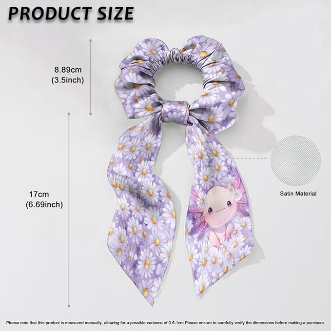 Starry Sky Axolotl Ribbon Bow Elastic Hair Ties for Women Daisy Ribbon Scrunchies Fashion Purple Knotted Bow with Long Tails Pack Of 2