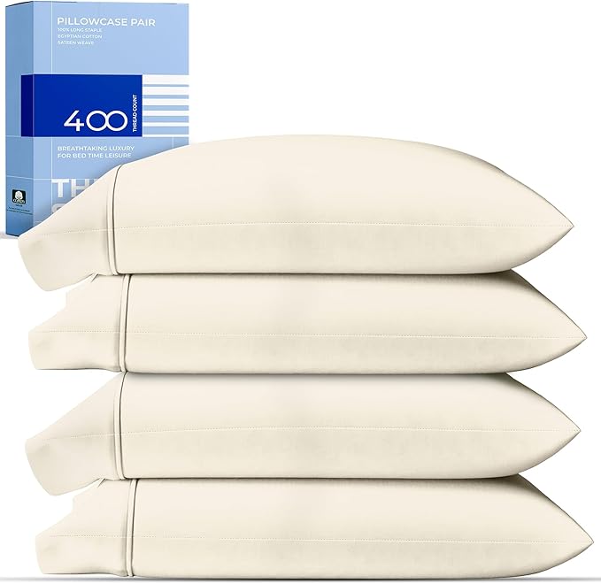 THREAD SPREAD 100% Cotton Pillowcases Standard/Queen Size Set of 4-400 Thread Count Cotton Pillowcases, Ultra Soft Cool Sateen Weave Pillow Cases for Sleeping, Set of 4 Pillow Covers (Ivory)