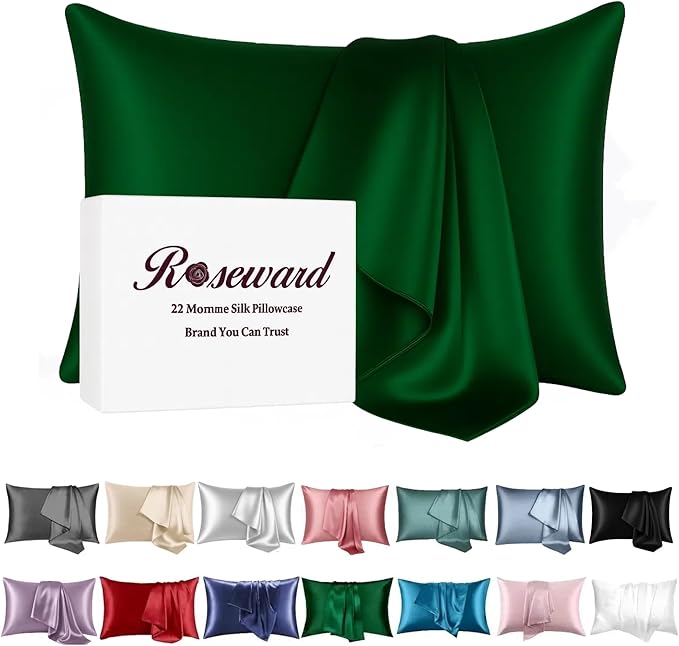 Green Silk Pillow Cases Made in USA, Oeko-TEX Certified 22 Momme Mulberry Silk Pillowcase for Hair and Skin Standard Size with Zipper, Anti Wrinkle,1 Pcs 20"x26" (Standard, Emerald)