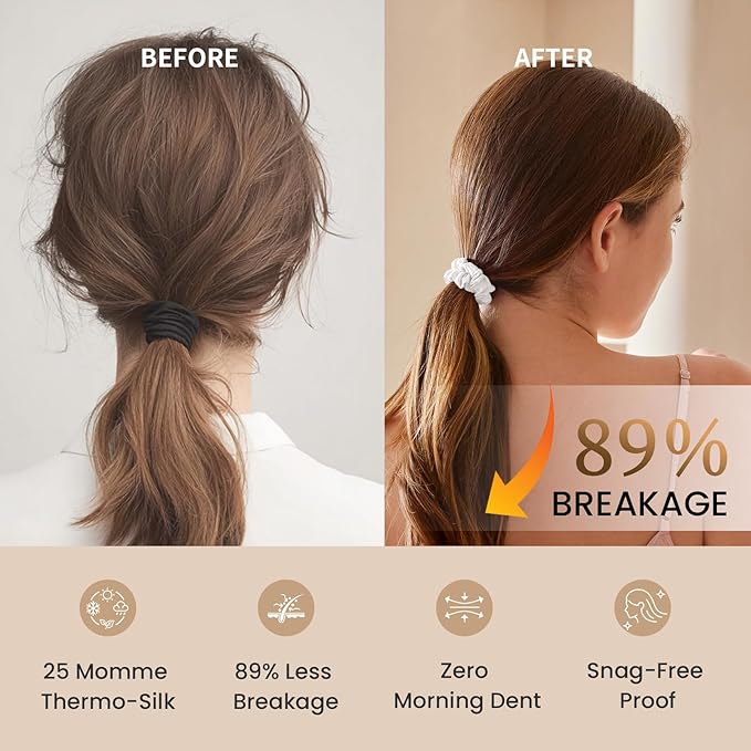 THXSILK 100% Mulberry Silk Scrunchies 3-Pack, 25 Momme Mulberry Silk Hair Ties for Women, Sleek Low Profile No Damage Ponytail Holders, for Fine Hair & Everyday Use, Pearl White