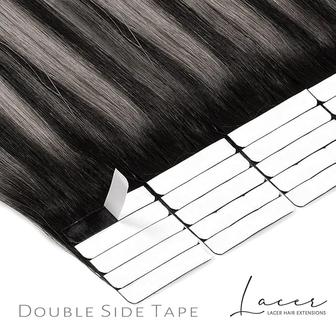 Lacer Grey Tape in Hair Extensions 18 Inch Natural Black to Silver Highlights Tape in Extensions with Natural Black Roots Color 20pcs/50g