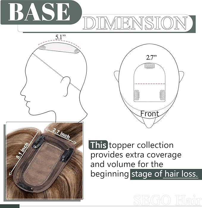 SEGO Hair Toppers for Women Real Human Hair with Thinning, with Front Bangs Clip in Toppers Straight 150% Density Silk Base -18 Inch #4/27 Medium Brown Mix Dark Blonde