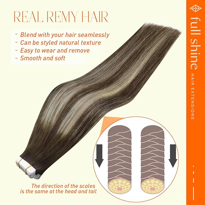 Full Shine Seamless Tape in Extensions Color 2 Dark Brown Fading to 60 Blonde And 2 Brown Tape in Hair Extensions 14 Inch Skin Weft Real Human Hair 50G 20 Pcs Remy Human Hair Extensions
