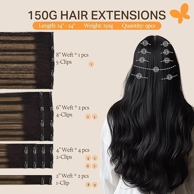 DOORES Clip in Hair Extensions, Balayage Natural Black to Chestnut Brown 24 Inch 150g 9pcs, Remy Human Hair Extensions Thick Straight