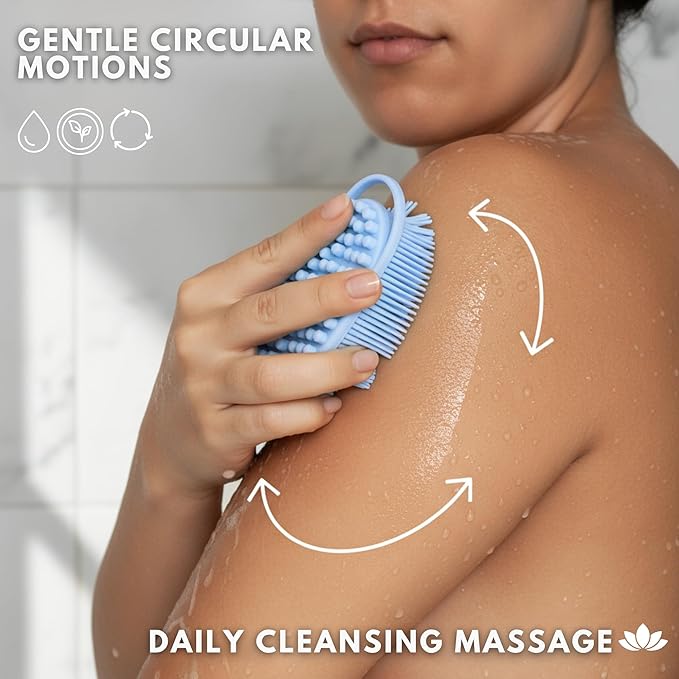 Silver Infused Silicone Body Scrubber Shower - Gentle Back Scrubber Soft Bristles - Avilana Premium Dual Sided Bath Brush Massage - Advanced Material Loofah Alternative - Gift Women Men