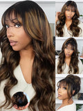 KLAIYI Ombre Brown Loose Body Wave Pre Everything Glueless 13x4 HD Lace Front Human Hair Wig with Natural Bang Highlight Balayage Brown Precut Lace Pre Plucked Bye Bye Knots Drawstring Wig 180% 16Inch