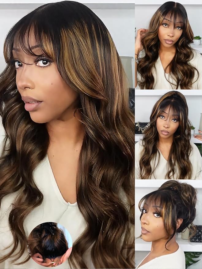 KLAIYI Ombre Brown Loose Body Wave Pre Everything Glueless 13x4 HD Lace Front Human Hair Wig with Natural Bang Highlight Balayage Brown Precut Lace Pre Plucked Bye Bye Knots Drawstring Wig 180% 16Inch