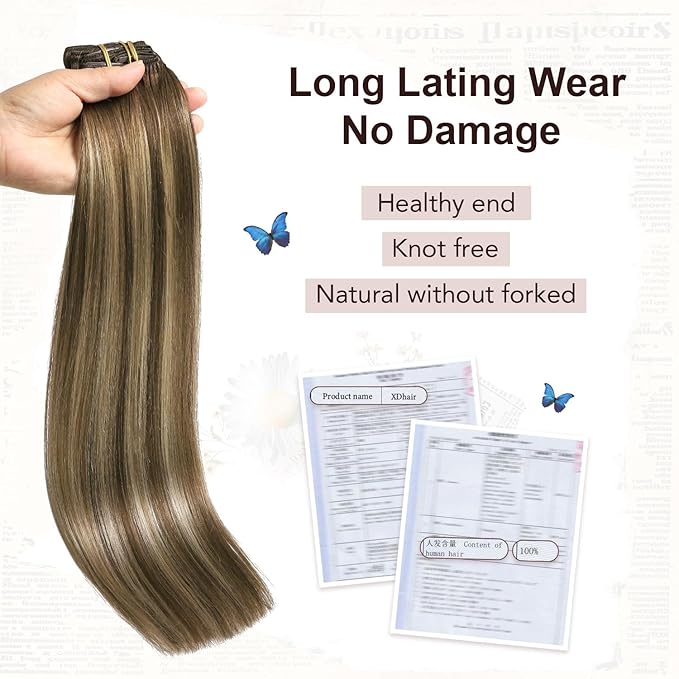XDhair Clip in Hair Extensions 120g 22 Inch Chocolate Brown to Caramel Blonde Real Human Hair Extensions Balayage Clip in Hair Extensions Double Weft 6pcs (22inch, #4/27/4)