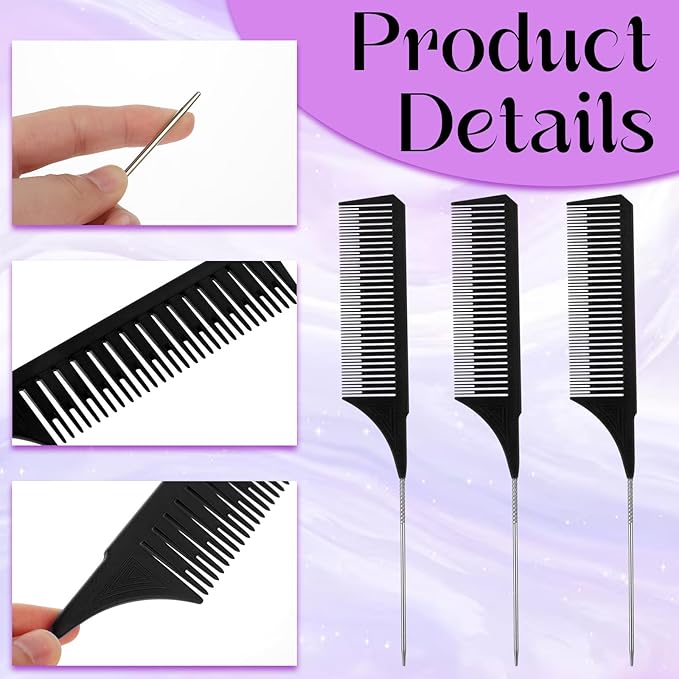 3Pcs Highlighting Comb Professional Hair Dye Combs 3 Sizes Highlight Comb Weaving Combs with Long Stainless Steel Rat Tail for Home and Salon(Black)