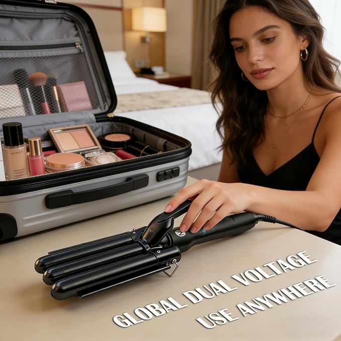 3 Barrel Curling Iron, 1 Inch Ceramic Tourmaline Hair Waver Wand with LCD Temperature Display, Fast Heating Foldable Crimpers for Travel Glove Included (Black)