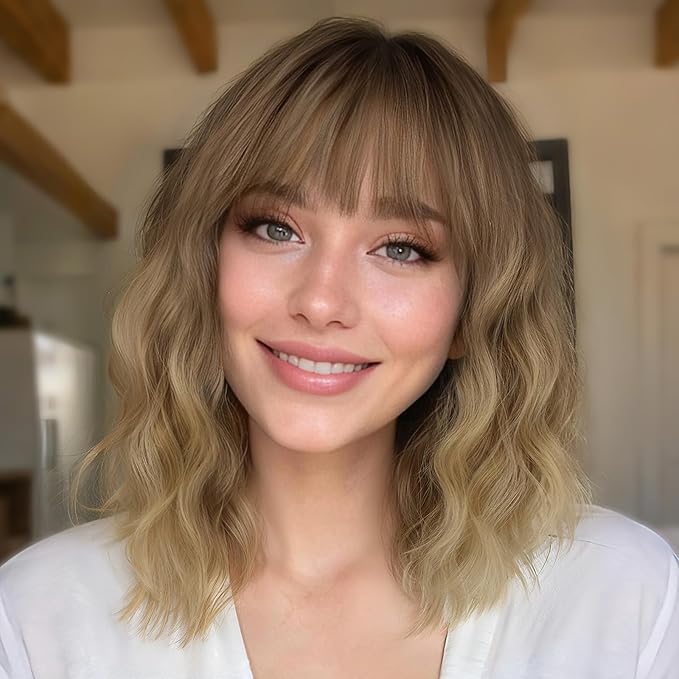 Nnzes Short Wavy Bob Wig with Bangs for Women Shoulder Length Curly Brown Ombre Blonde Synthetic Heat-Resistant Fiber Hair for Daily & Party Use