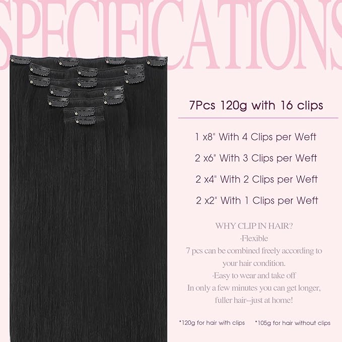 PINKPEARL Clip in Hair Extensions Real Human Hair #1 Jet Black Human Hair Extensions Clip ins 14 inch Extensions Human Hair Clip 120g 7pcs Straight Thick Natural Human Hair(#1-14)