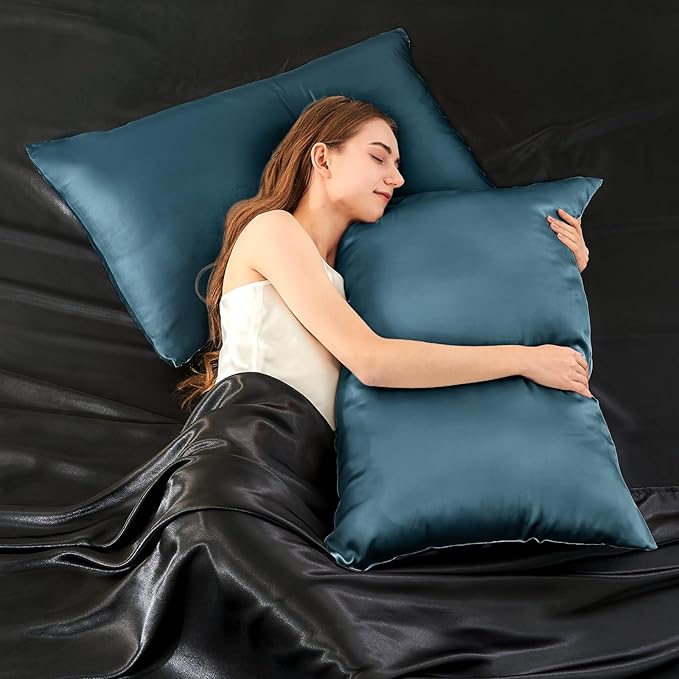 INFIIXSO Mulberry Silk Pillowcase for Hair and Skin, Silk Pillow Cases Queen Size Set of 2 with Hidden Zipper 20"x30", Ultra Smooth and Soft Cooling Pillow Cases for Hot Sleepers(Bluesteel, 2 Pack)