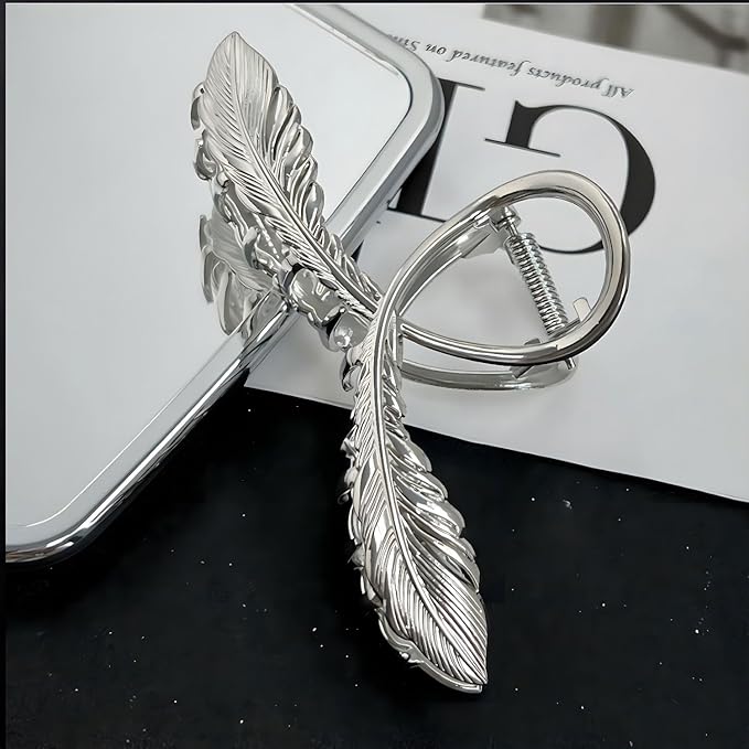 Silver Feather Metal Hair Claw Clips, 1Pcs 4.52Inch Elegant Hair Claw Clips for Thin Thick Hair Accessories Alloy Feather Hair Claw Nonslip Ponytail Holder Shark Claw Women Girls