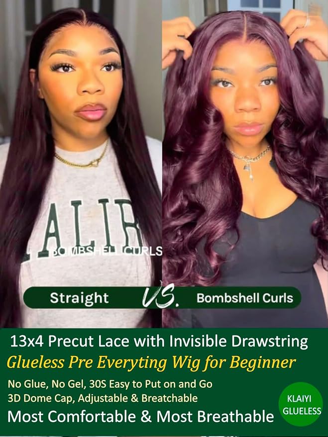 KLAIYI Black Cherry Loose Body Wave Pre Eeverything 13x4 Lace Frontal Wigs Human Hair Bye Bye Knots Glueless Ready to Wear and Go Wig with Face Framing Bangs Drawstring Pre Plucked Burgundy Wig 22Inch